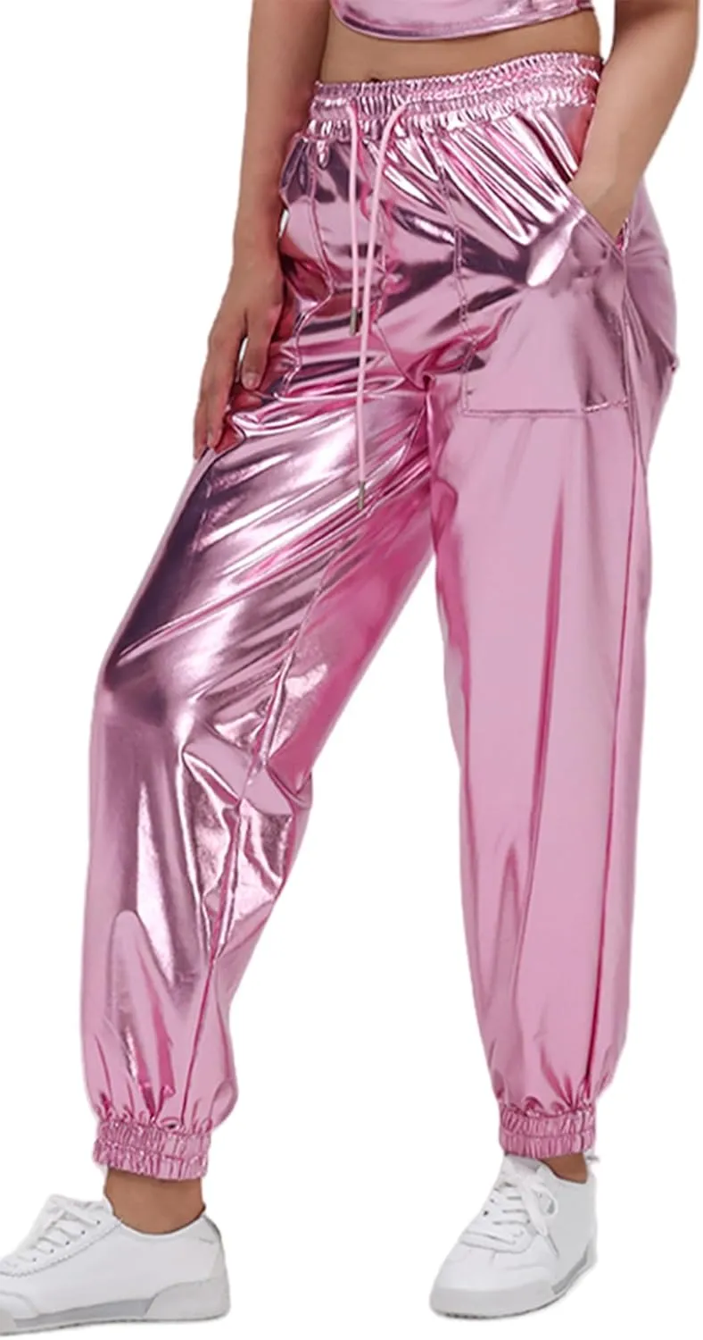 Women's Shiny Metallic Pants Wet Look Hip Hop Jogger Sweatpants Holographic Glitter Pants Rave Dance Pants with Pockets