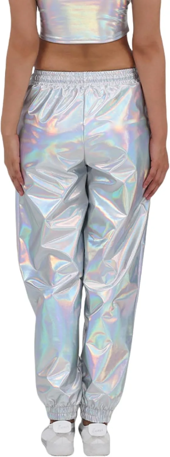 Women's Shiny Metallic Pants Wet Look Hip Hop Jogger Sweatpants Holographic Glitter Pants Rave Dance Pants with Pockets
