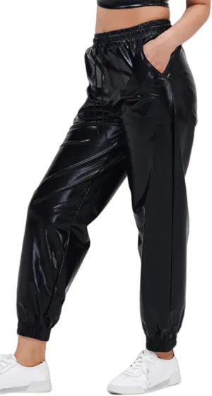 Women's Shiny Metallic Pants Wet Look Hip Hop Jogger Sweatpants Holographic Glitter Pants Rave Dance Pants with Pockets