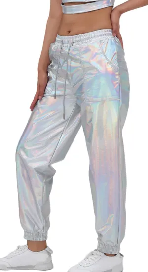 Women's Shiny Metallic Pants Wet Look Hip Hop Jogger Sweatpants Holographic Glitter Pants Rave Dance Pants with Pockets