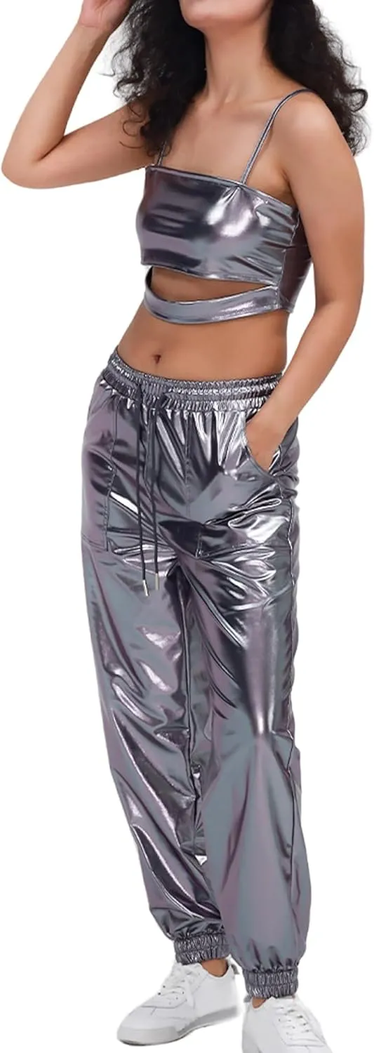 Women's Shiny Metallic Pants Wet Look Hip Hop Jogger Sweatpants Holographic Glitter Pants Rave Dance Pants with Pockets