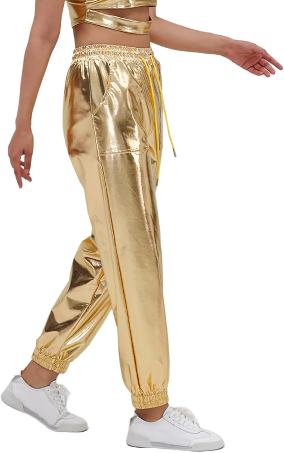 Women's Shiny Metallic Pants Wet Look Hip Hop Jogger Sweatpants Holographic Glitter Pants Rave Dance Pants with Pockets