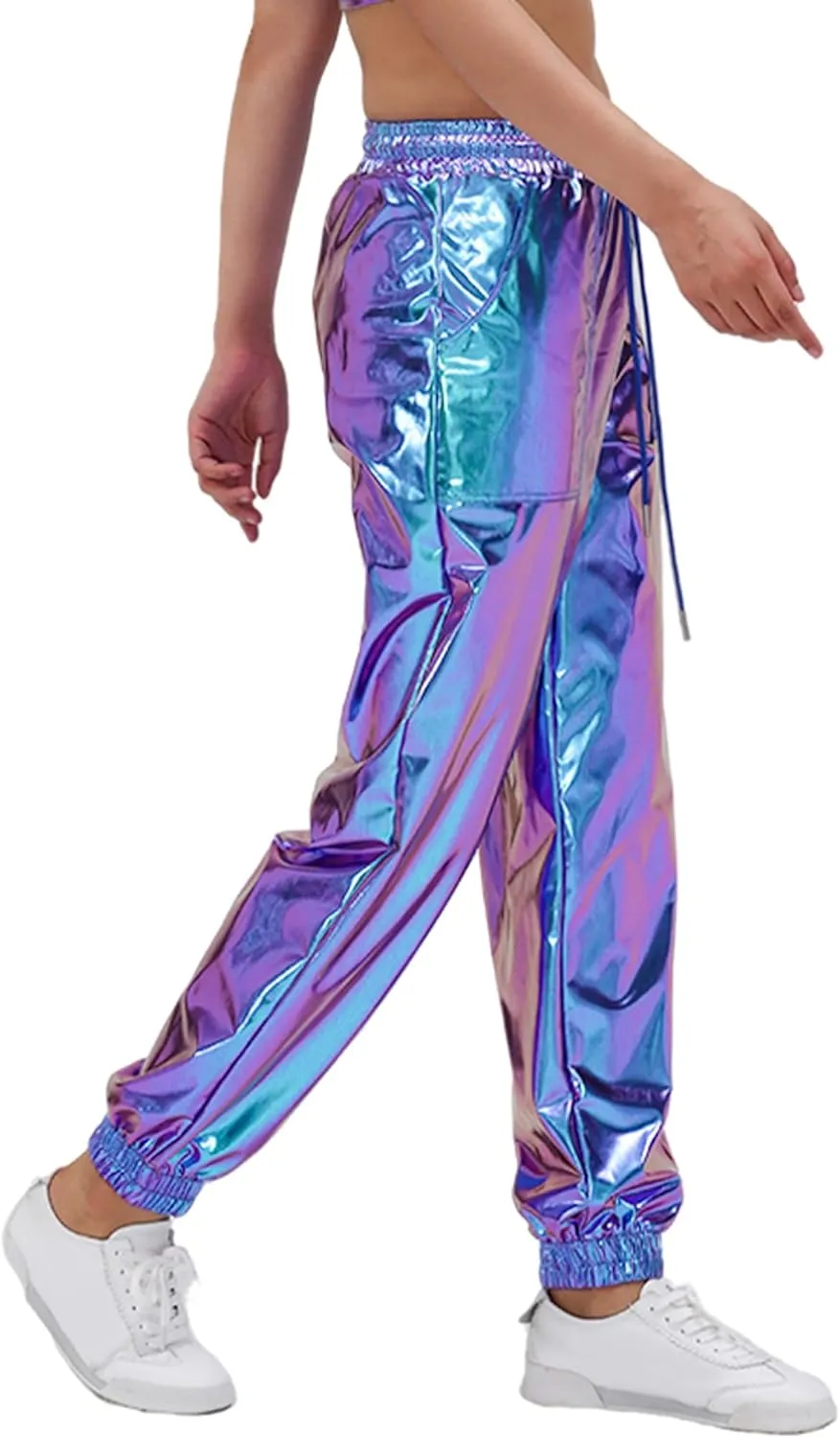Women's Shiny Metallic Pants Wet Look Hip Hop Jogger Sweatpants Holographic Glitter Pants Rave Dance Pants with Pockets