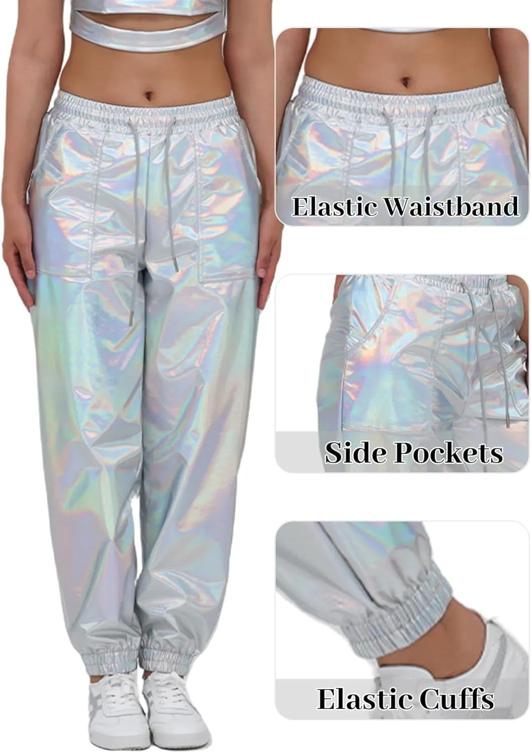 Women's Shiny Metallic Pants Wet Look Hip Hop Jogger Sweatpants Holographic Glitter Pants Rave Dance Pants with Pockets