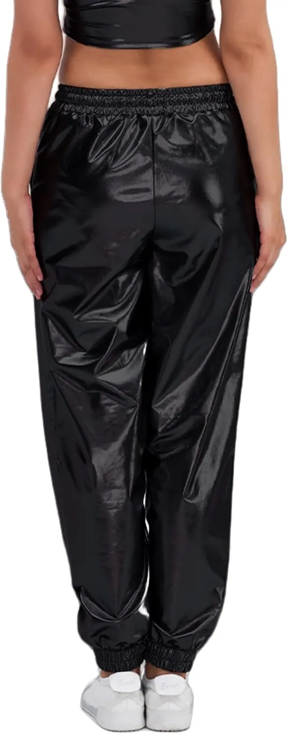 Women's Shiny Metallic Pants Wet Look Hip Hop Jogger Sweatpants Holographic Glitter Pants Rave Dance Pants with Pockets