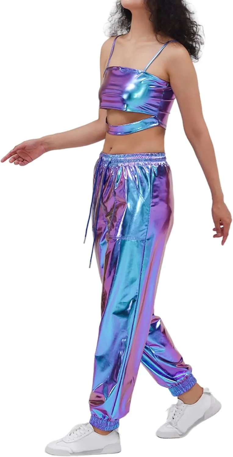 Women's Shiny Metallic Pants Wet Look Hip Hop Jogger Sweatpants Holographic Glitter Pants Rave Dance Pants with Pockets