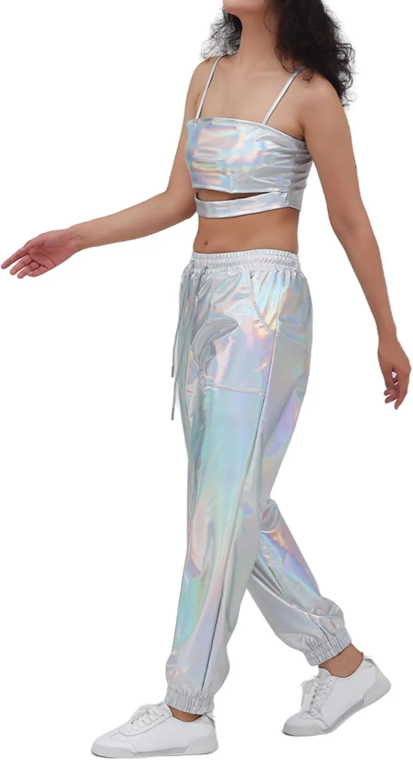 Women's Shiny Metallic Pants Wet Look Hip Hop Jogger Sweatpants Holographic Glitter Pants Rave Dance Pants with Pockets