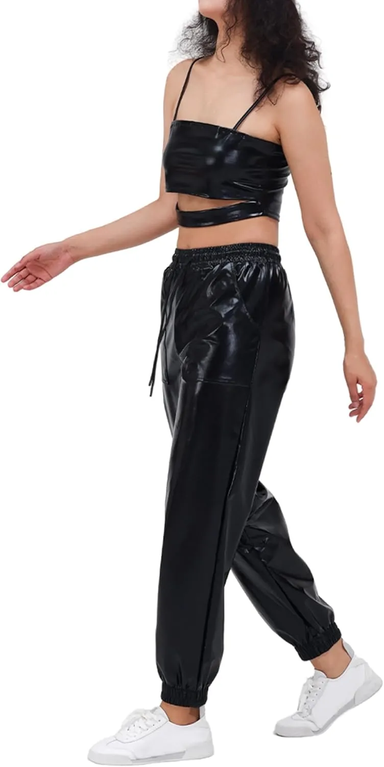 Women's Shiny Metallic Pants Wet Look Hip Hop Jogger Sweatpants Holographic Glitter Pants Rave Dance Pants with Pockets