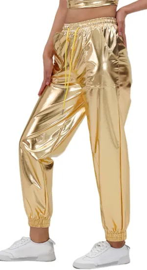 Women's Shiny Metallic Pants Wet Look Hip Hop Jogger Sweatpants Holographic Glitter Pants Rave Dance Pants with Pockets