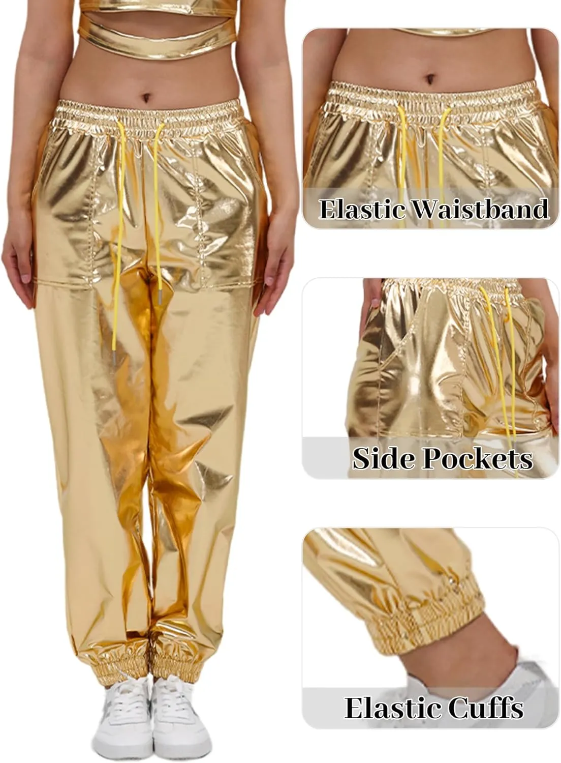 Women's Shiny Metallic Pants Wet Look Hip Hop Jogger Sweatpants Holographic Glitter Pants Rave Dance Pants with Pockets