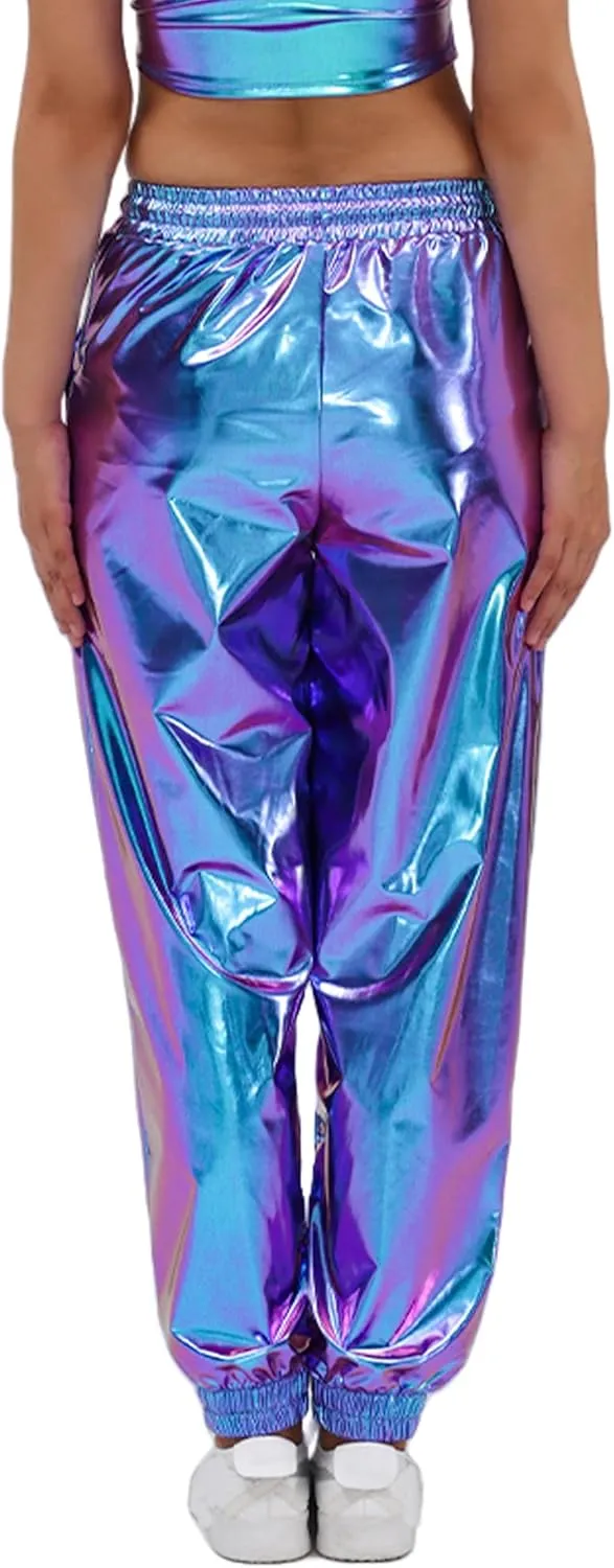 Women's Shiny Metallic Pants Wet Look Hip Hop Jogger Sweatpants Holographic Glitter Pants Rave Dance Pants with Pockets
