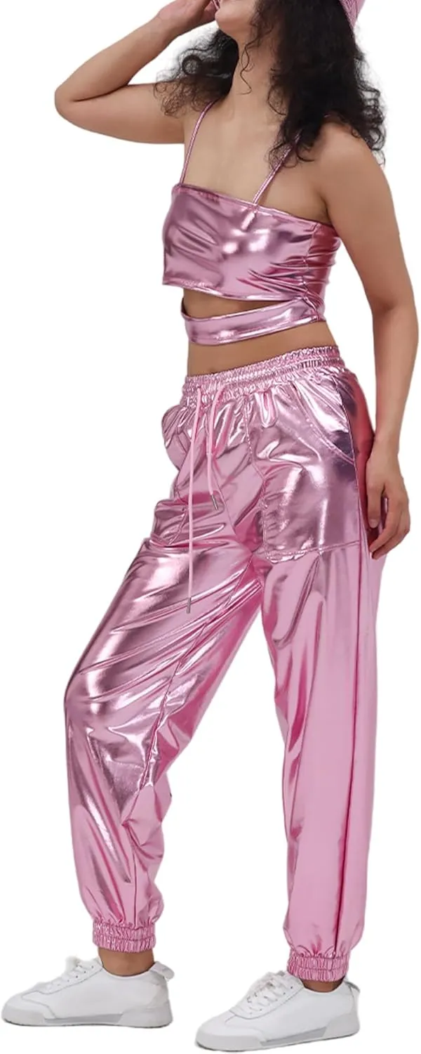 Women's Shiny Metallic Pants Wet Look Hip Hop Jogger Sweatpants Holographic Glitter Pants Rave Dance Pants with Pockets