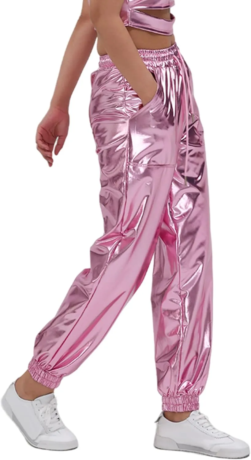 Women's Shiny Metallic Pants Wet Look Hip Hop Jogger Sweatpants Holographic Glitter Pants Rave Dance Pants with Pockets
