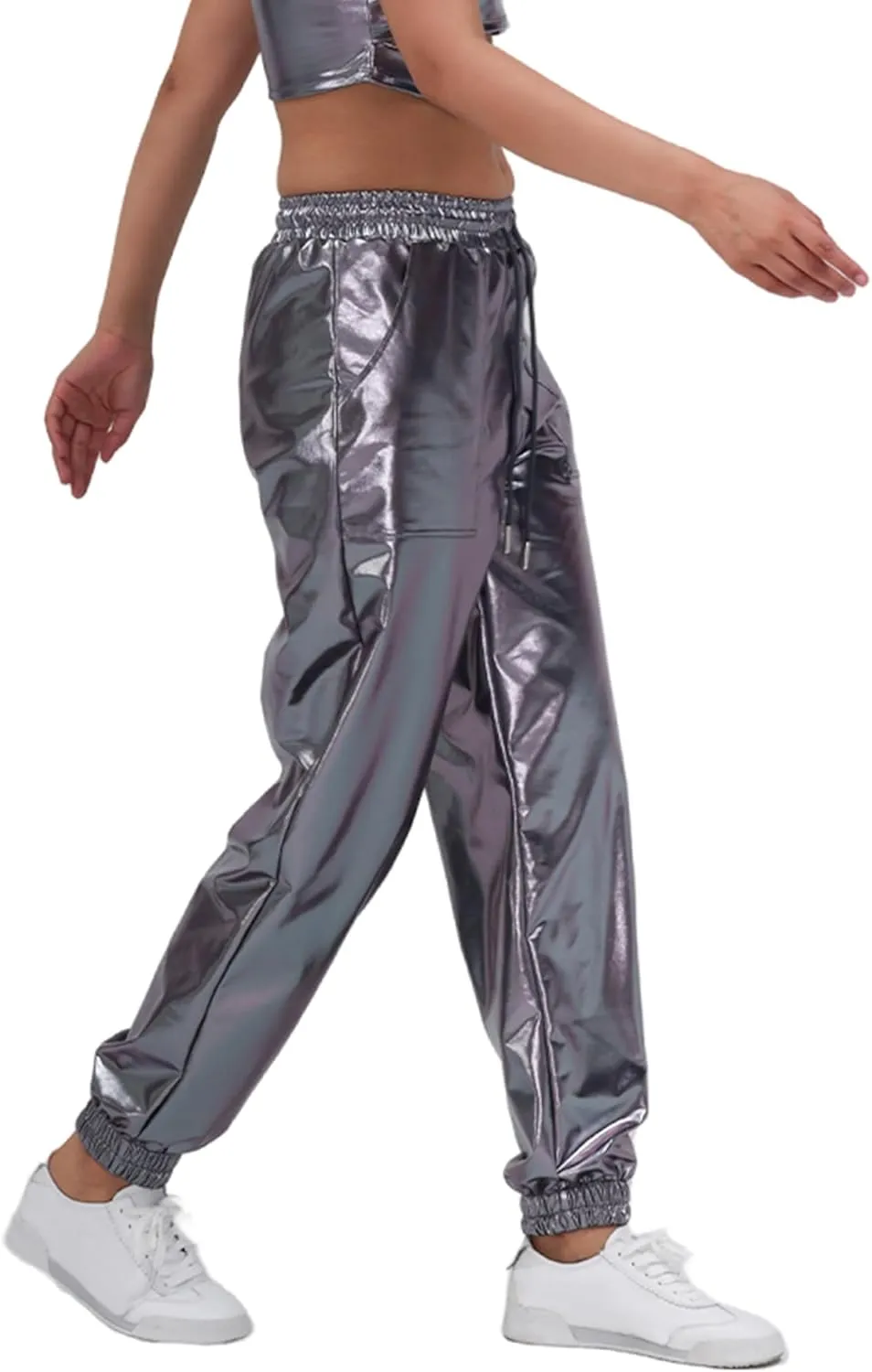 Women's Shiny Metallic Pants Wet Look Hip Hop Jogger Sweatpants Holographic Glitter Pants Rave Dance Pants with Pockets