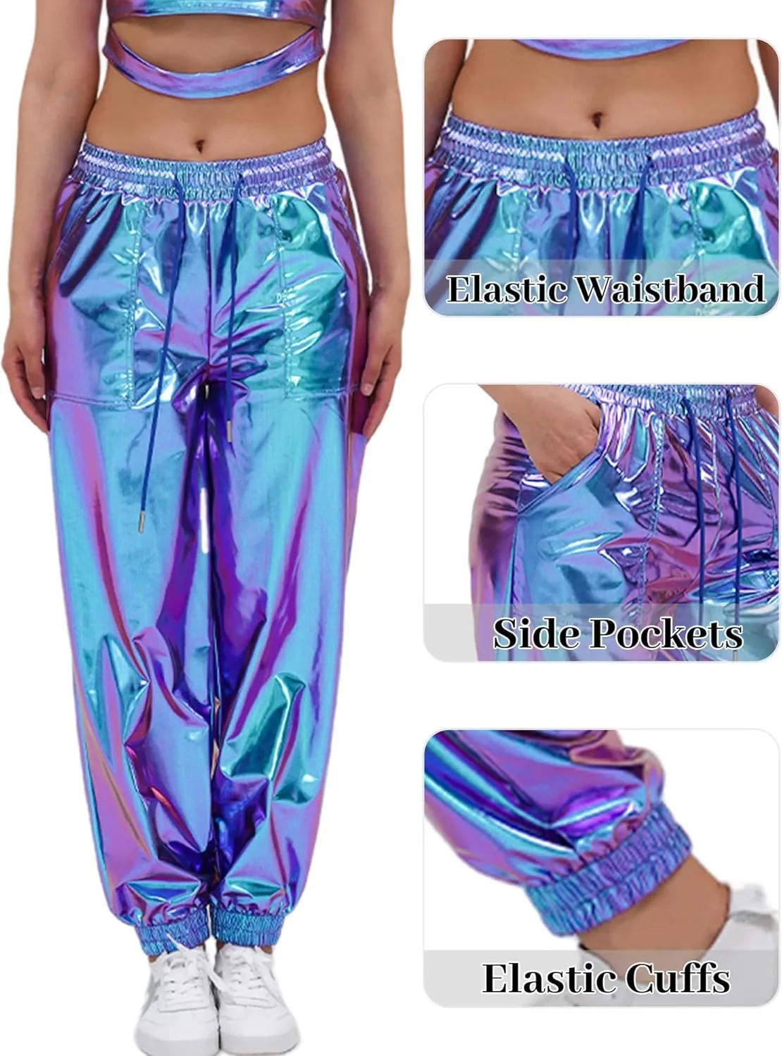 Women's Shiny Metallic Pants Wet Look Hip Hop Jogger Sweatpants Holographic Glitter Pants Rave Dance Pants with Pockets