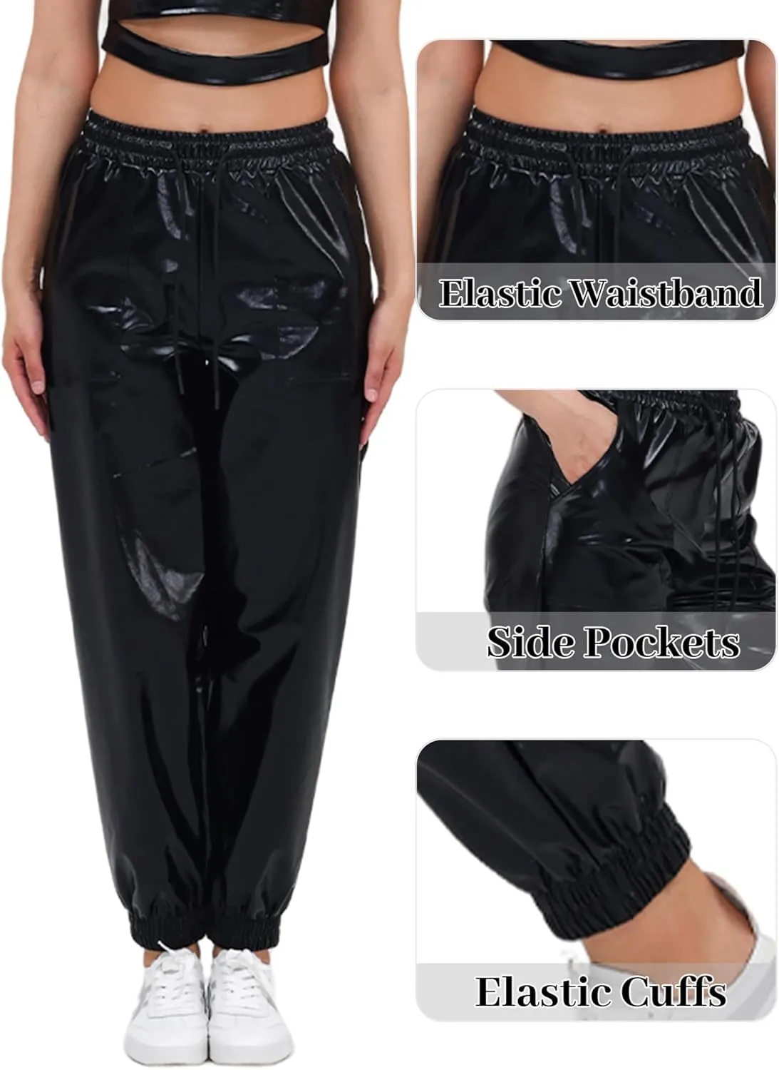 Women's Shiny Metallic Pants Wet Look Hip Hop Jogger Sweatpants Holographic Glitter Pants Rave Dance Pants with Pockets