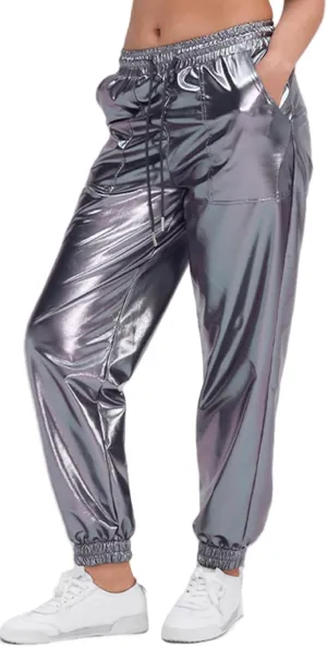 Women's Shiny Metallic Pants Wet Look Hip Hop Jogger Sweatpants Holographic Glitter Pants Rave Dance Pants with Pockets