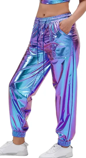 Women's Shiny Metallic Pants Wet Look Hip Hop Jogger Sweatpants Holographic Glitter Pants Rave Dance Pants with Pockets