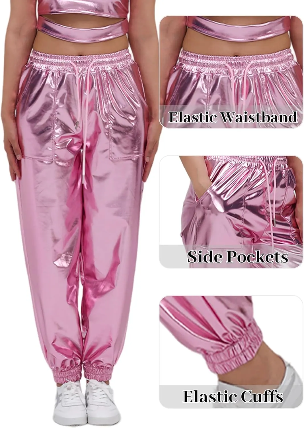 Women's Shiny Metallic Pants Wet Look Hip Hop Jogger Sweatpants Holographic Glitter Pants Rave Dance Pants with Pockets