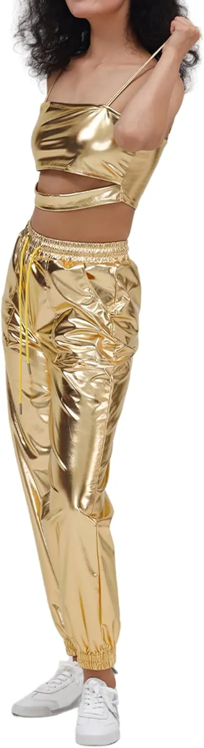 Women's Shiny Metallic Pants Wet Look Hip Hop Jogger Sweatpants Holographic Glitter Pants Rave Dance Pants with Pockets