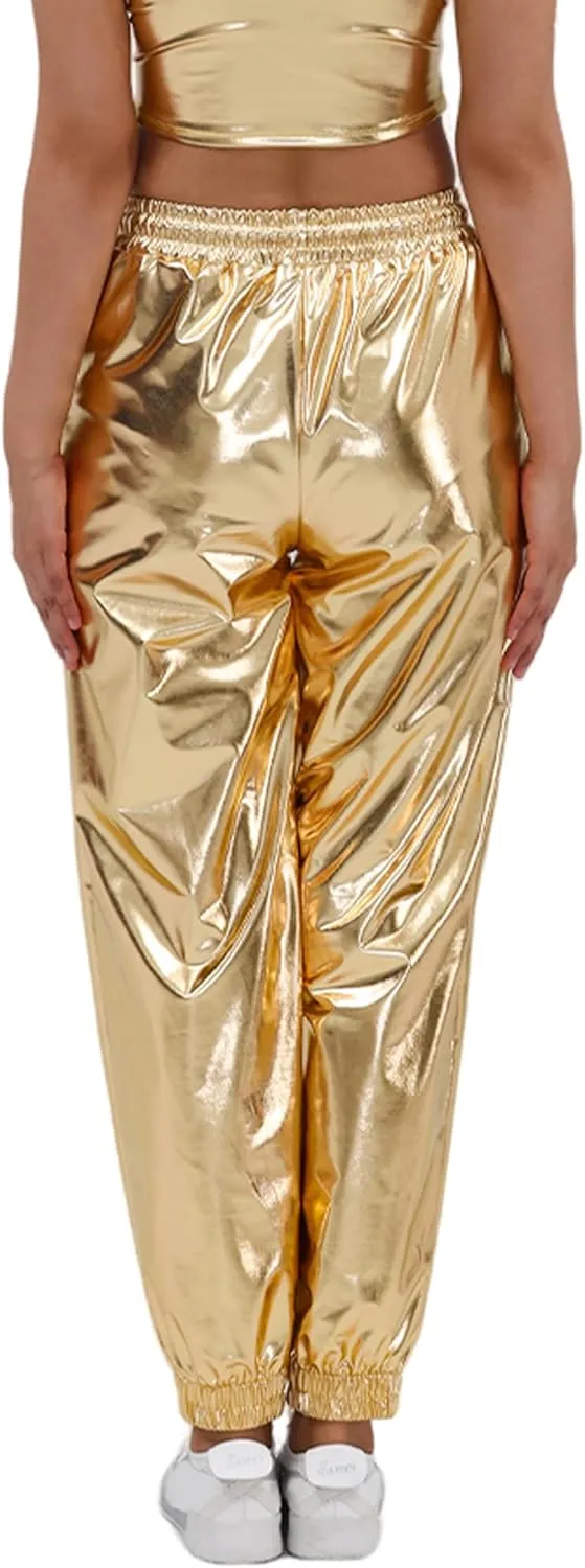 Women's Shiny Metallic Pants Wet Look Hip Hop Jogger Sweatpants Holographic Glitter Pants Rave Dance Pants with Pockets