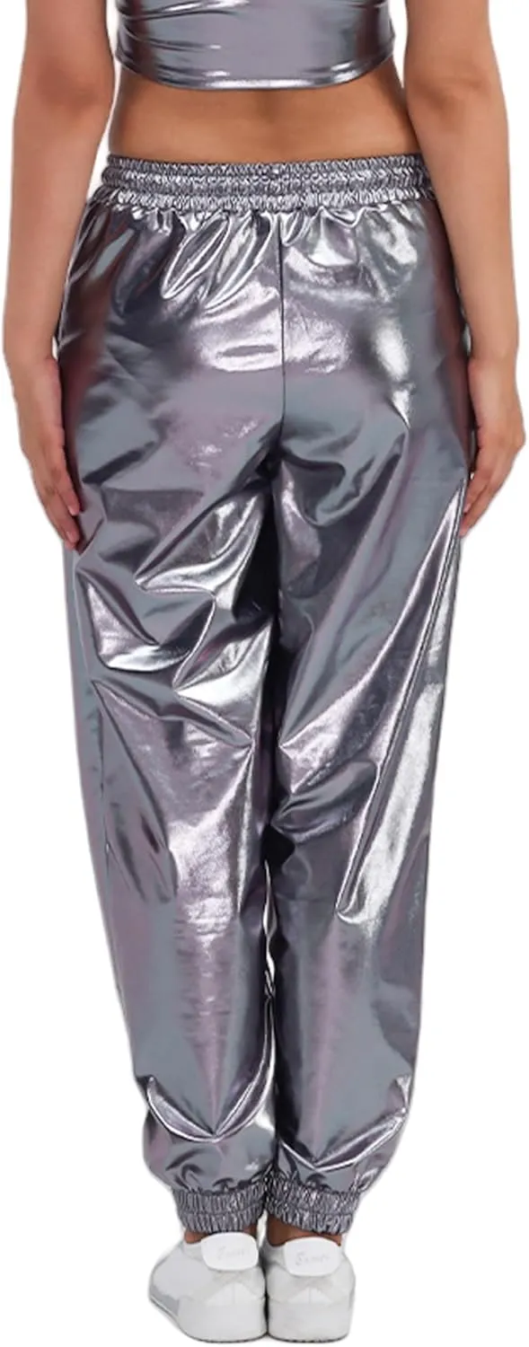 Women's Shiny Metallic Pants Wet Look Hip Hop Jogger Sweatpants Holographic Glitter Pants Rave Dance Pants with Pockets