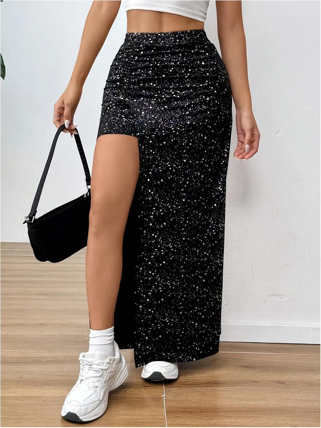 Women's Sparkly Sequin Maxi Skirt High Waisted Split Thigh Party Skirts with Shorts