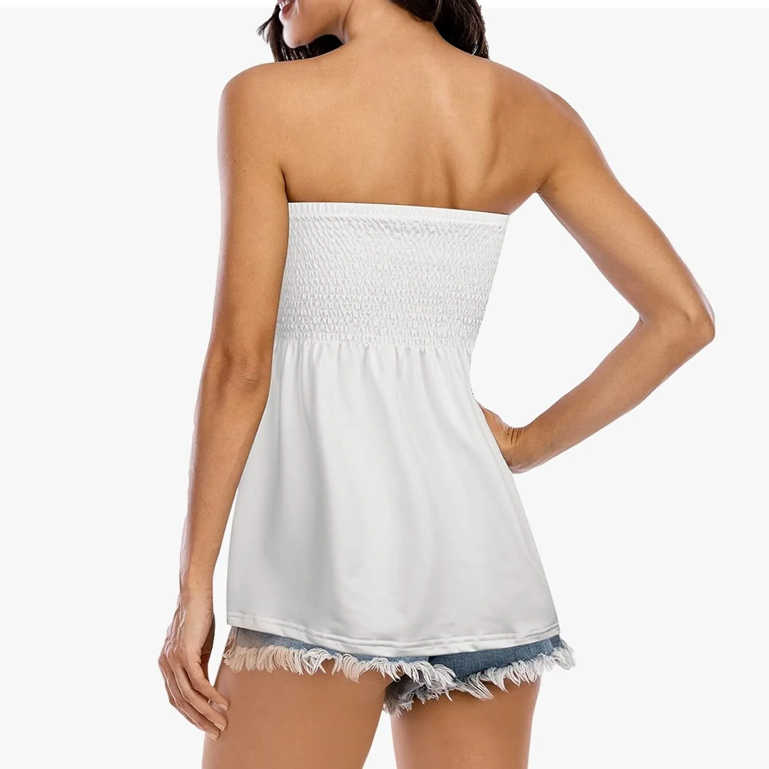 Womens Strapless Smocked Tube Top Soft Stretchy Pleated Bandeau Tank Sexy Sleeveless Loose Summer Camis Tunic Tops