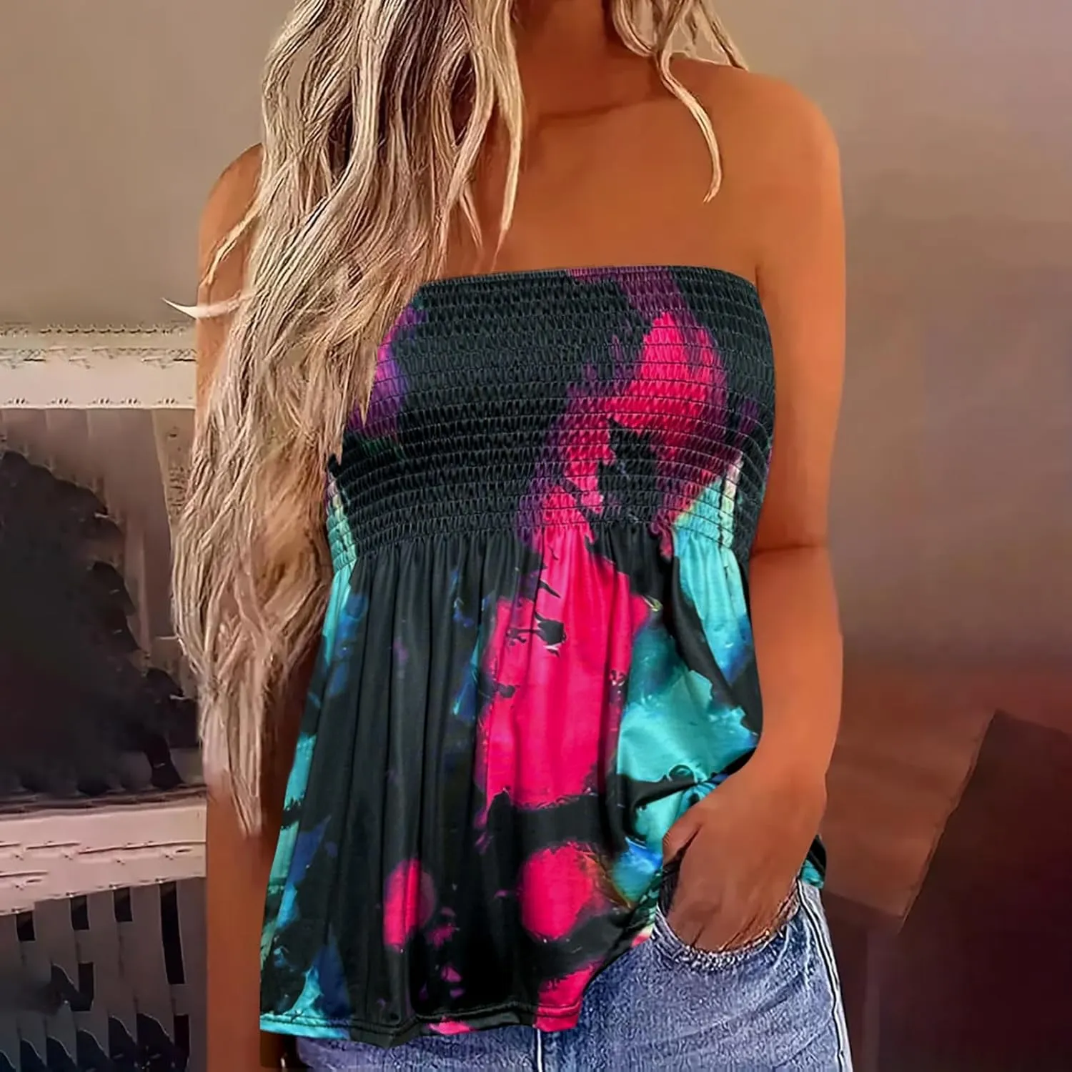 Womens Strapless Smocked Tube Top Soft Stretchy Pleated Bandeau Tank Sexy Sleeveless Loose Summer Camis Tunic Tops