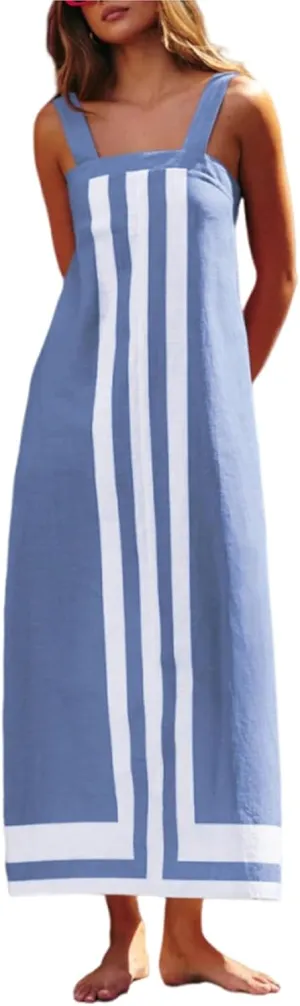 Women's Striped Midi Dress Sundresses Summer Bohemian Floral Sundress Color Block Dresses Strap Beach Dress Cover Up Dresses