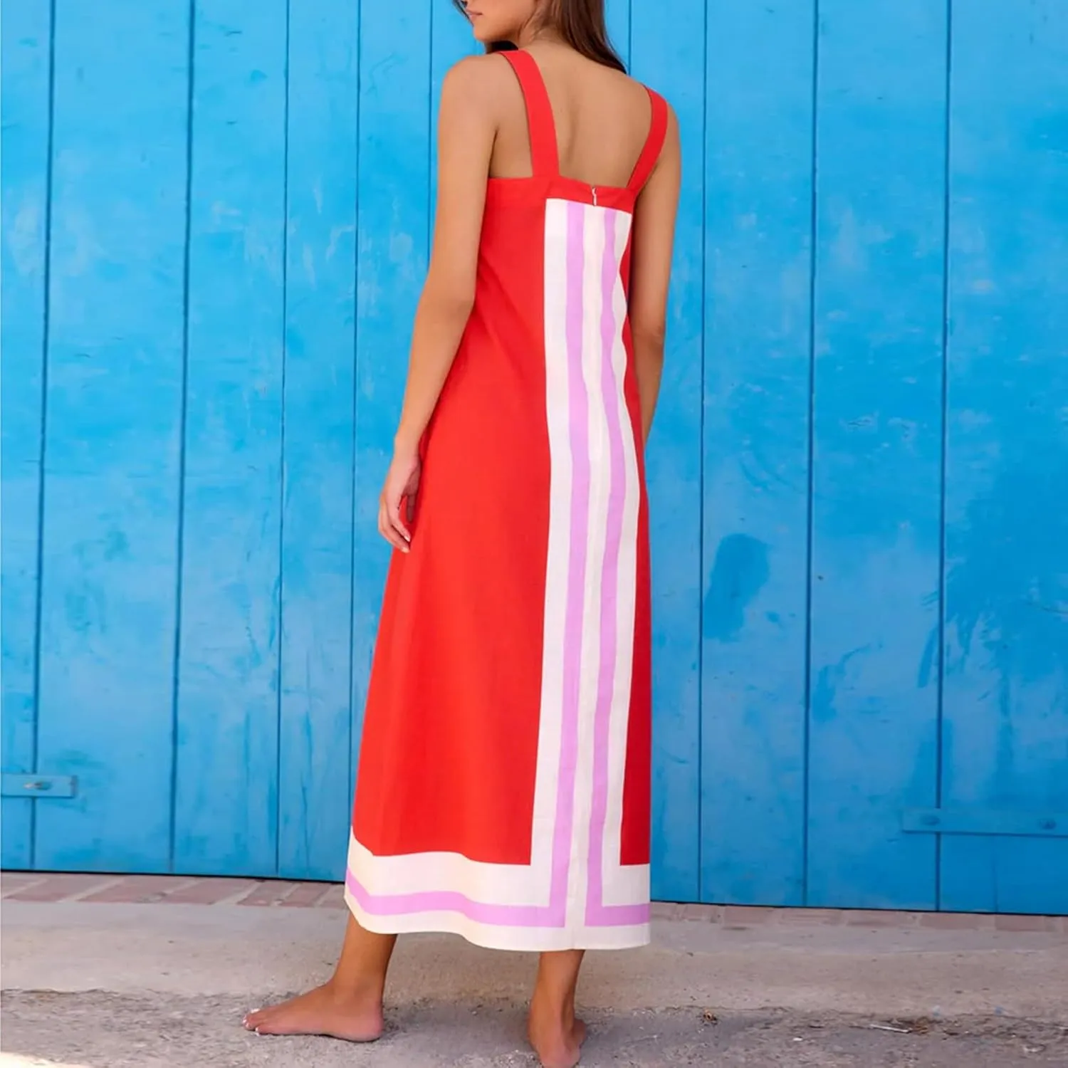 Women's Striped Midi Dress Sundresses Summer Bohemian Floral Sundress Color Block Dresses Strap Beach Dress Cover Up Dresses