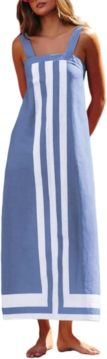 Women's Striped Midi Dress Sundresses Summer Bohemian Floral Sundress Color Block Dresses Strap Beach Dress Cover Up Dresses