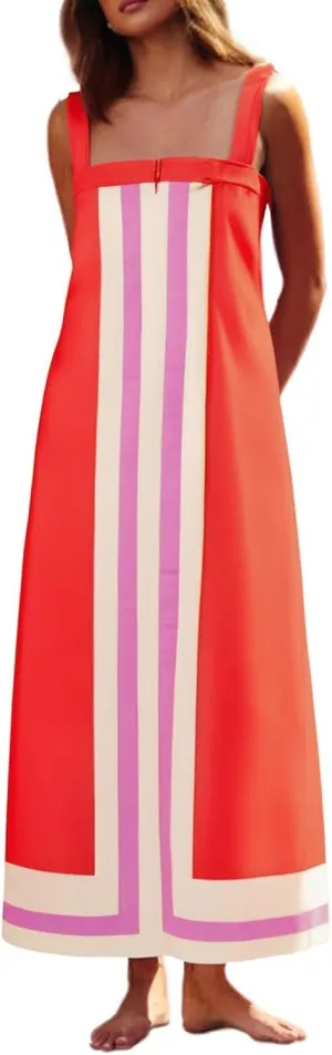 Women's Striped Midi Dress Sundresses Summer Bohemian Floral Sundress Color Block Dresses Strap Beach Dress Cover Up Dresses