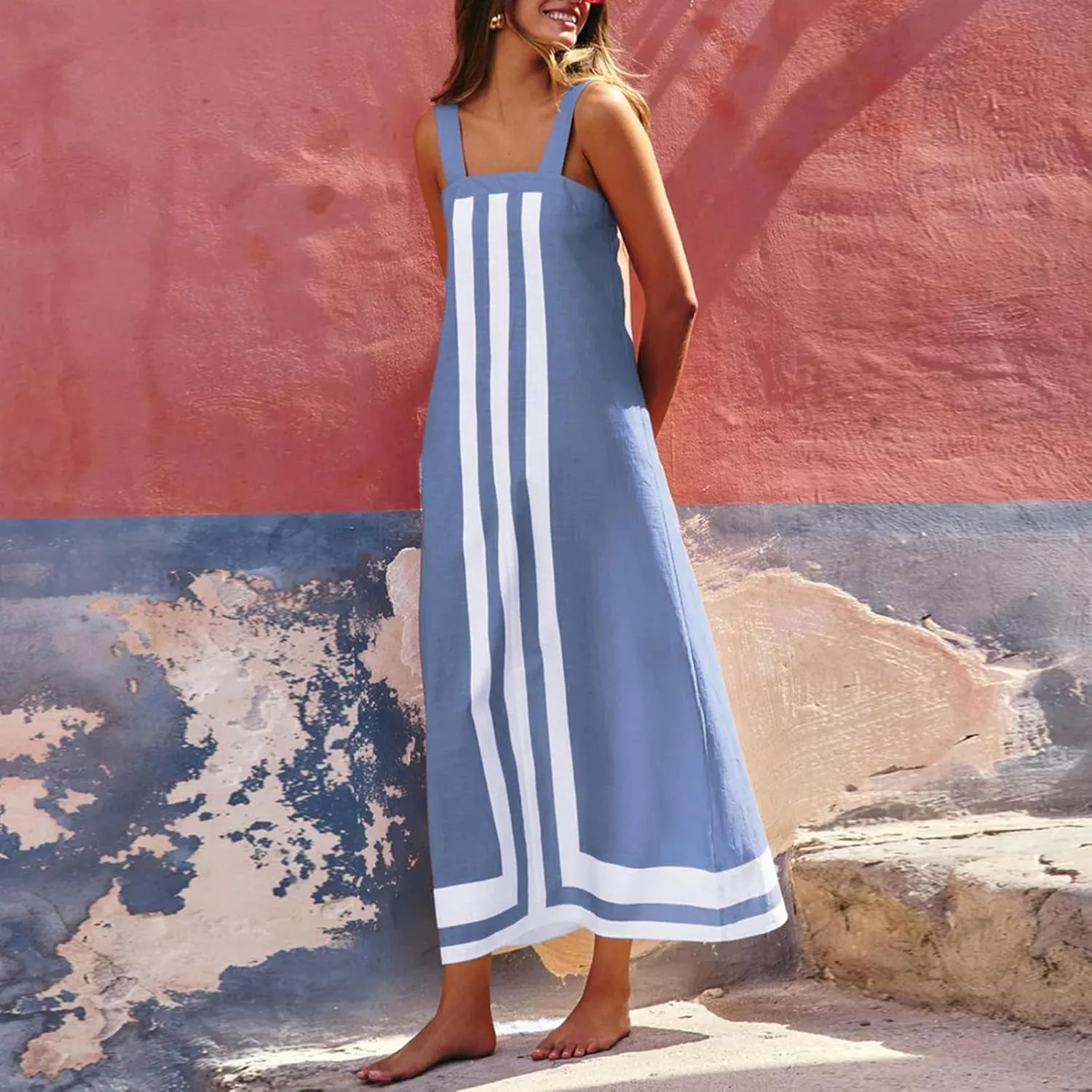 Women's Striped Midi Dress Sundresses Summer Bohemian Floral Sundress Color Block Dresses Strap Beach Dress Cover Up Dresses