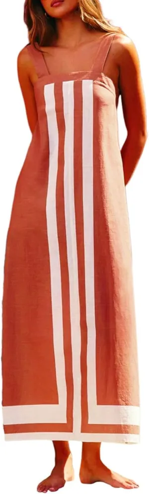 Women's Striped Midi Dress Sundresses Summer Bohemian Floral Sundress Color Block Dresses Strap Beach Dress Cover Up Dresses