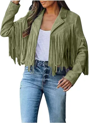 Women's Suede Fringe Jacket Trendy Long Sleeve Leather Coat Fashion Cropped Jacket Western Outfits with Tassel