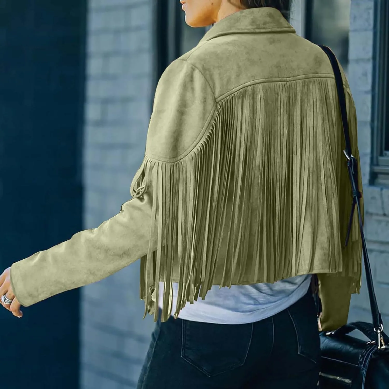 Women's Suede Fringe Jacket Trendy Long Sleeve Leather Coat Fashion Cropped Jacket Western Outfits with Tassel