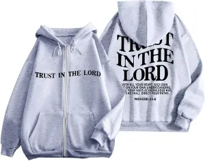 Women's Trust In The Lord Full Zip Up Christian Hoodies Comfort Fleece Lined Aesthetic with Hood Jackets 2024 Jesus