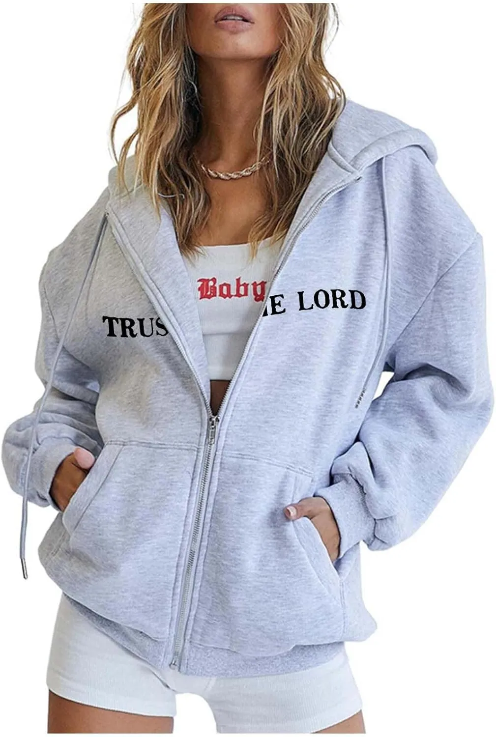 Women's Trust In The Lord Full Zip Up Christian Hoodies Comfort Fleece Lined Aesthetic with Hood Jackets 2024 Jesus
