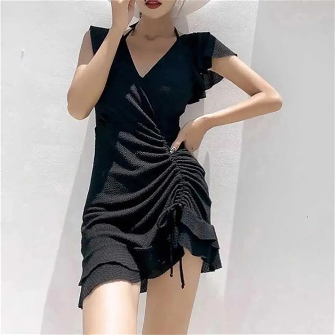 Women's V-Neck Solid Color Shirring Lace Up Ruffles Dress Slim Butterfly Sleeve Mini Dress