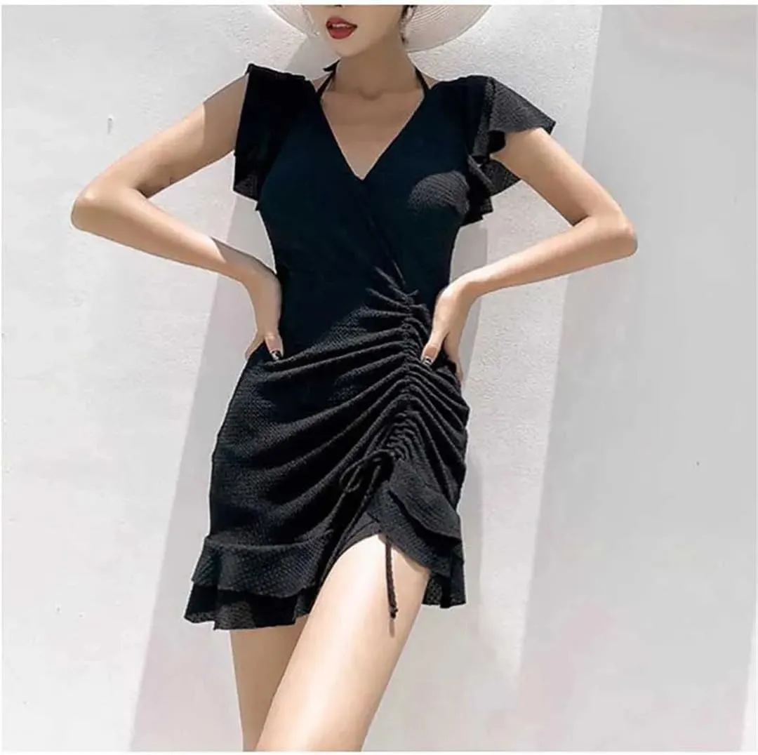 Women's V-Neck Solid Color Shirring Lace Up Ruffles Dress Slim Butterfly Sleeve Mini Dress