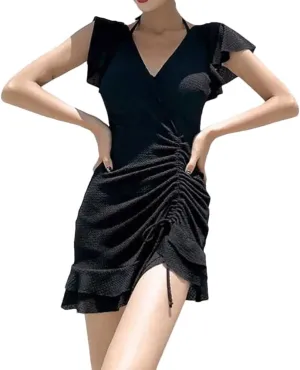 Women's V-Neck Solid Color Shirring Lace Up Ruffles Dress Slim Butterfly Sleeve Mini Dress