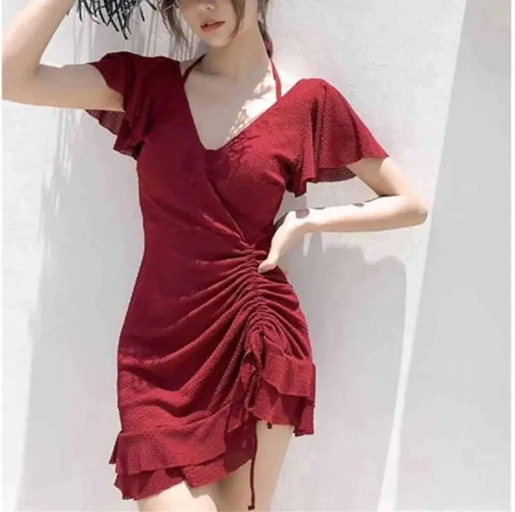 Women's V-Neck Solid Color Shirring Lace Up Ruffles Dress Slim Butterfly Sleeve Mini Dress