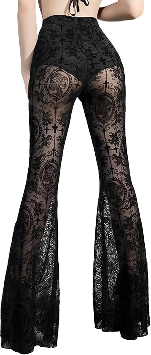 Women's Vintage Goth Velvet Flare Pants Hollow Out Lace Legging Pants High Waist Bell Bottom Trousers Clubwear S-L