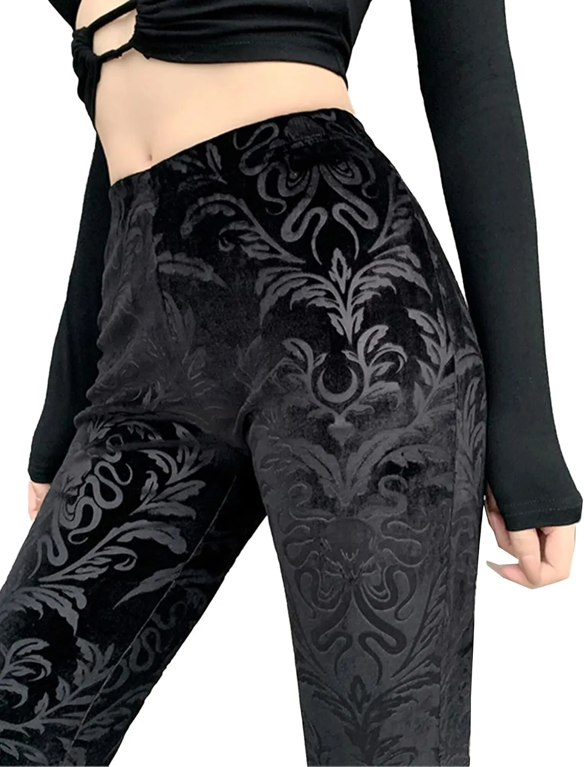 Women's Vintage Goth Velvet Flare Pants Hollow Out Lace Legging Pants High Waist Bell Bottom Trousers Clubwear S-L