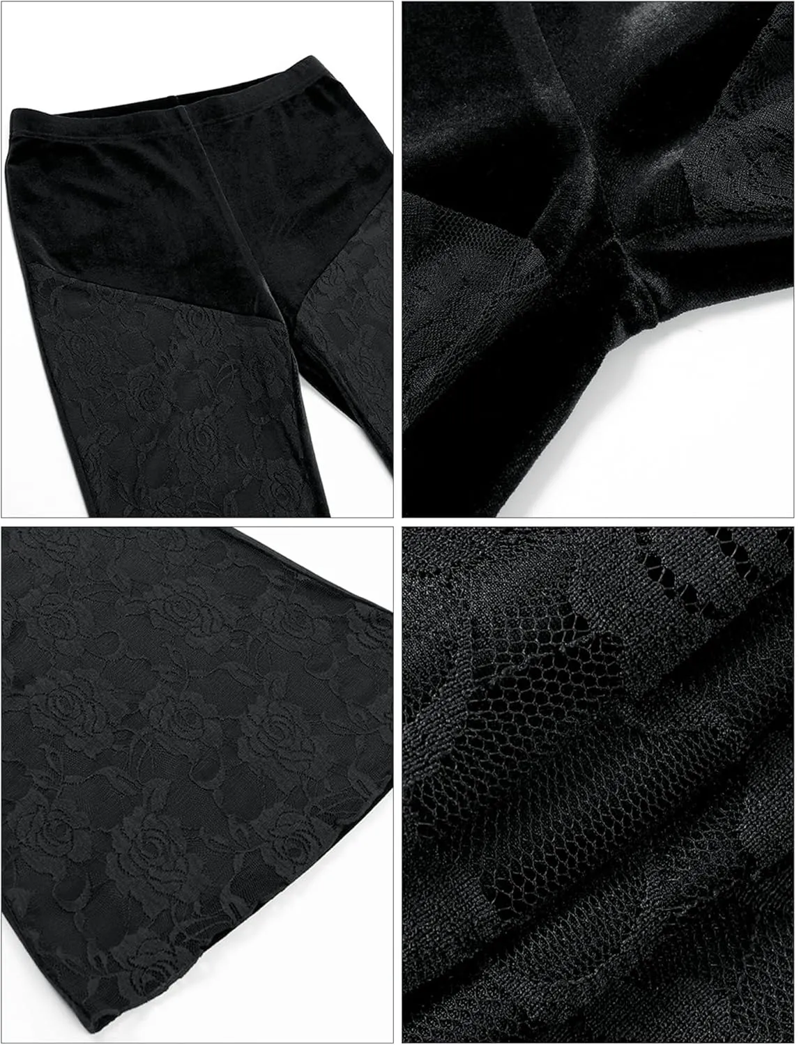 Women's Vintage Goth Velvet Flare Pants Hollow Out Lace Legging Pants High Waist Bell Bottom Trousers Clubwear S-L