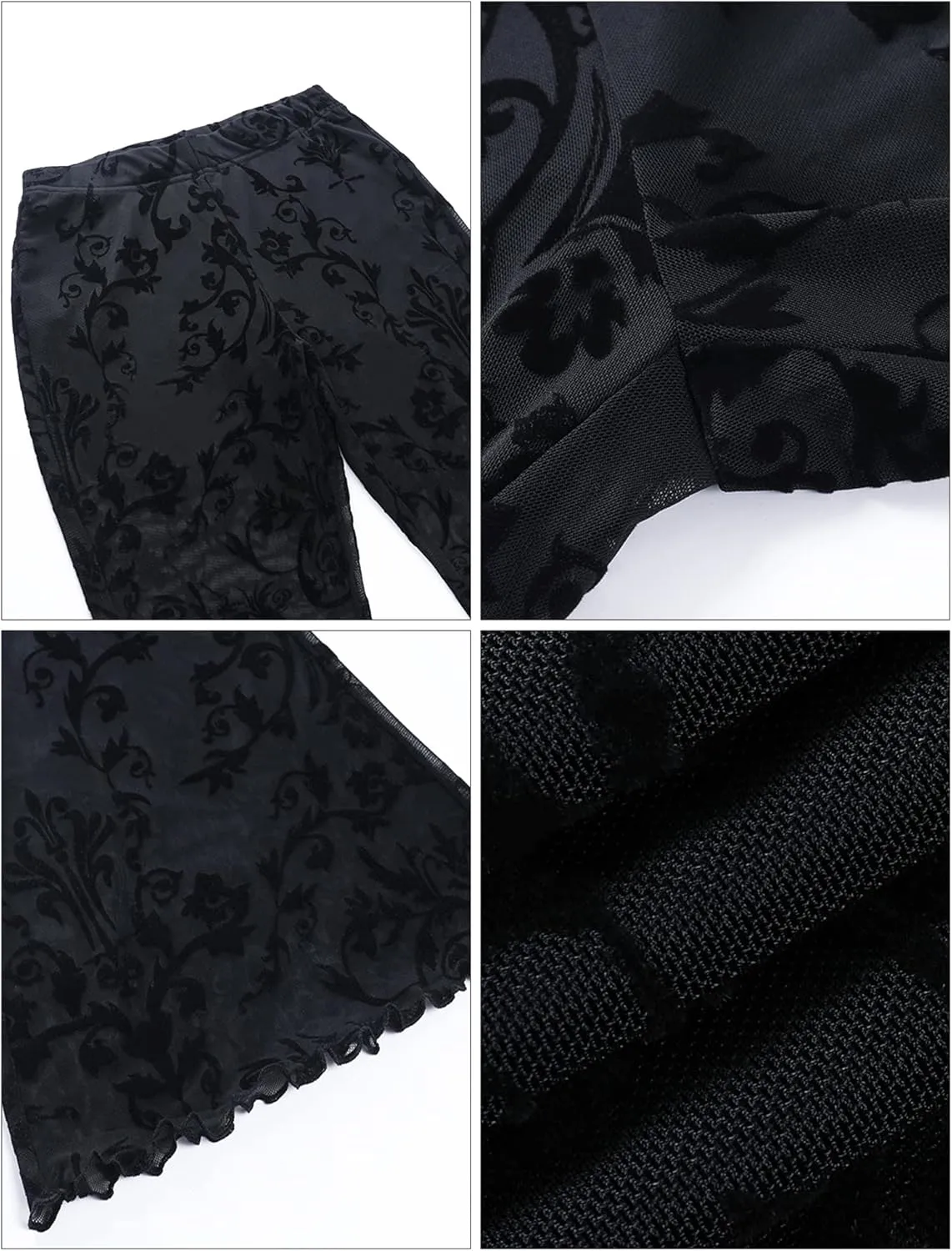 Women's Vintage Goth Velvet Flare Pants Hollow Out Lace Legging Pants High Waist Bell Bottom Trousers Clubwear S-L