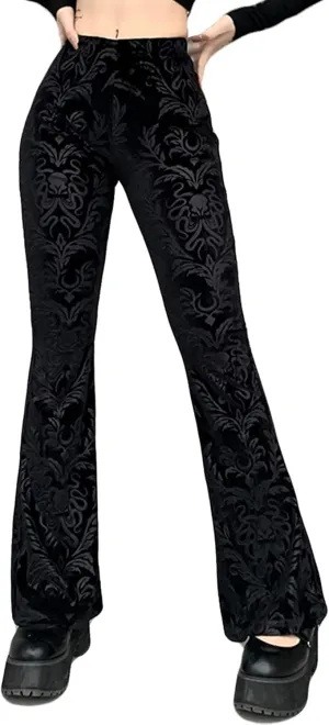 Women's Vintage Goth Velvet Flare Pants Hollow Out Lace Legging Pants High Waist Bell Bottom Trousers Clubwear S-L