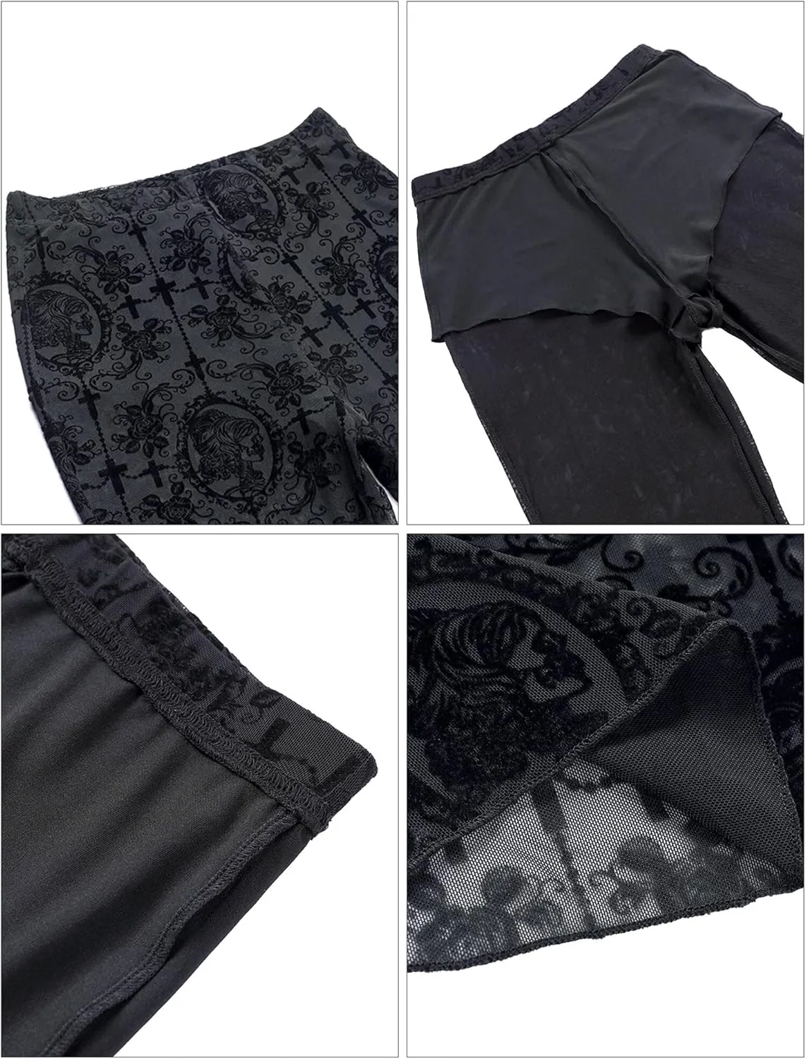 Women's Vintage Goth Velvet Flare Pants Hollow Out Lace Legging Pants High Waist Bell Bottom Trousers Clubwear S-L