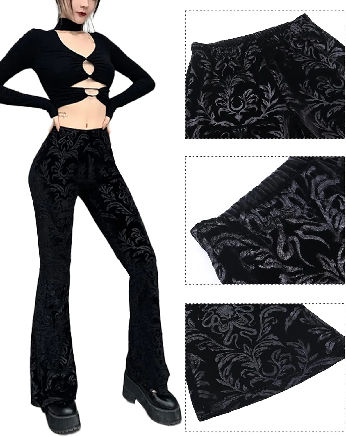 Women's Vintage Goth Velvet Flare Pants Hollow Out Lace Legging Pants High Waist Bell Bottom Trousers Clubwear S-L